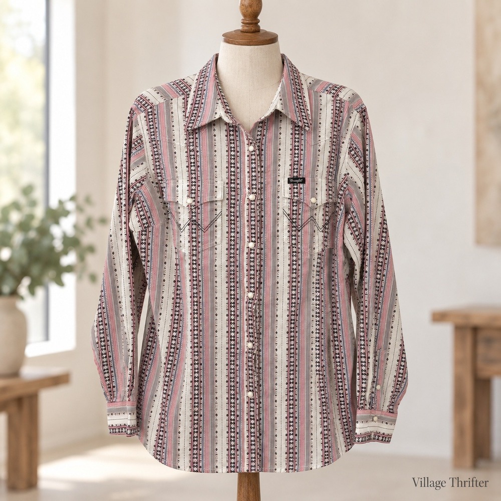 Wrangler Retro Western Shirt Womens XXL Pink Stripe Pearl Snap Southwestern Boho
